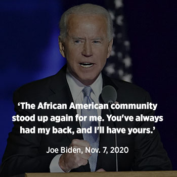 Joe Biden Quote: ‘The African American community stood up again for me. You've always had my back, and I'll have yours.’ Joe Biden, Nov. 7, 2020