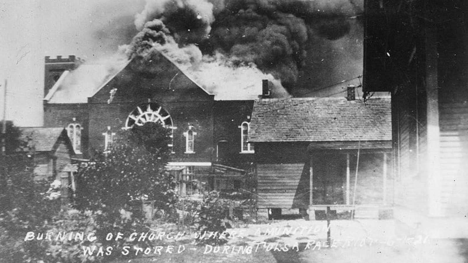 Mount Zion Baptist Church burns during the Tulsa race massacre. 