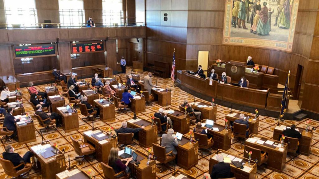 Members of the Oregon Senate discuss a resolution on April 15, 2021