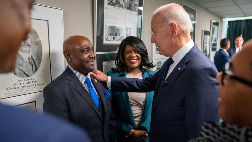 Tiffany Crutcher and her father during their meeting with President Joe Biden in Tulsa, Oklahoma.