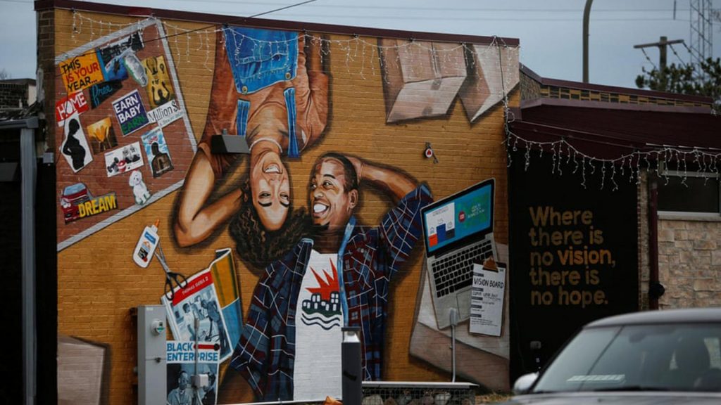 A mural is seen in the Fifth Ward in Evanston, Illinois.