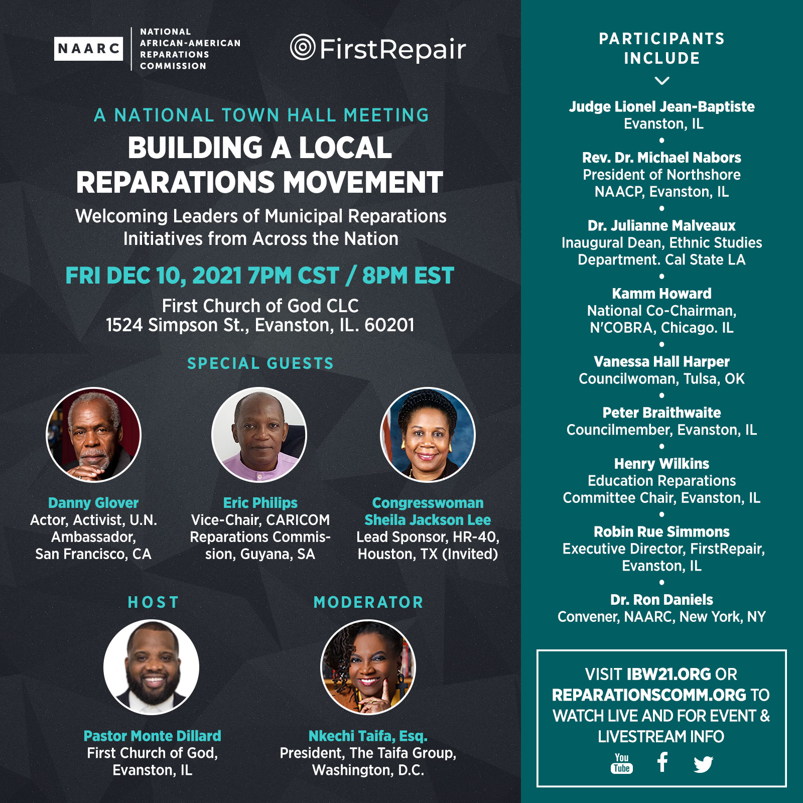 FRI DEC 10 2021 — A National town hall meeting, “Building a Local Reparations Movement” hosted in partnership with National African American Reparations Commission and FirstRepair. Leaders of municipal reparations initiatives from across the Nation are welcomed.