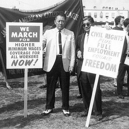 Key Kobayashi, then-JACL President Pat Okura and Mike Masaoka at the March on Washington in 1963. 
