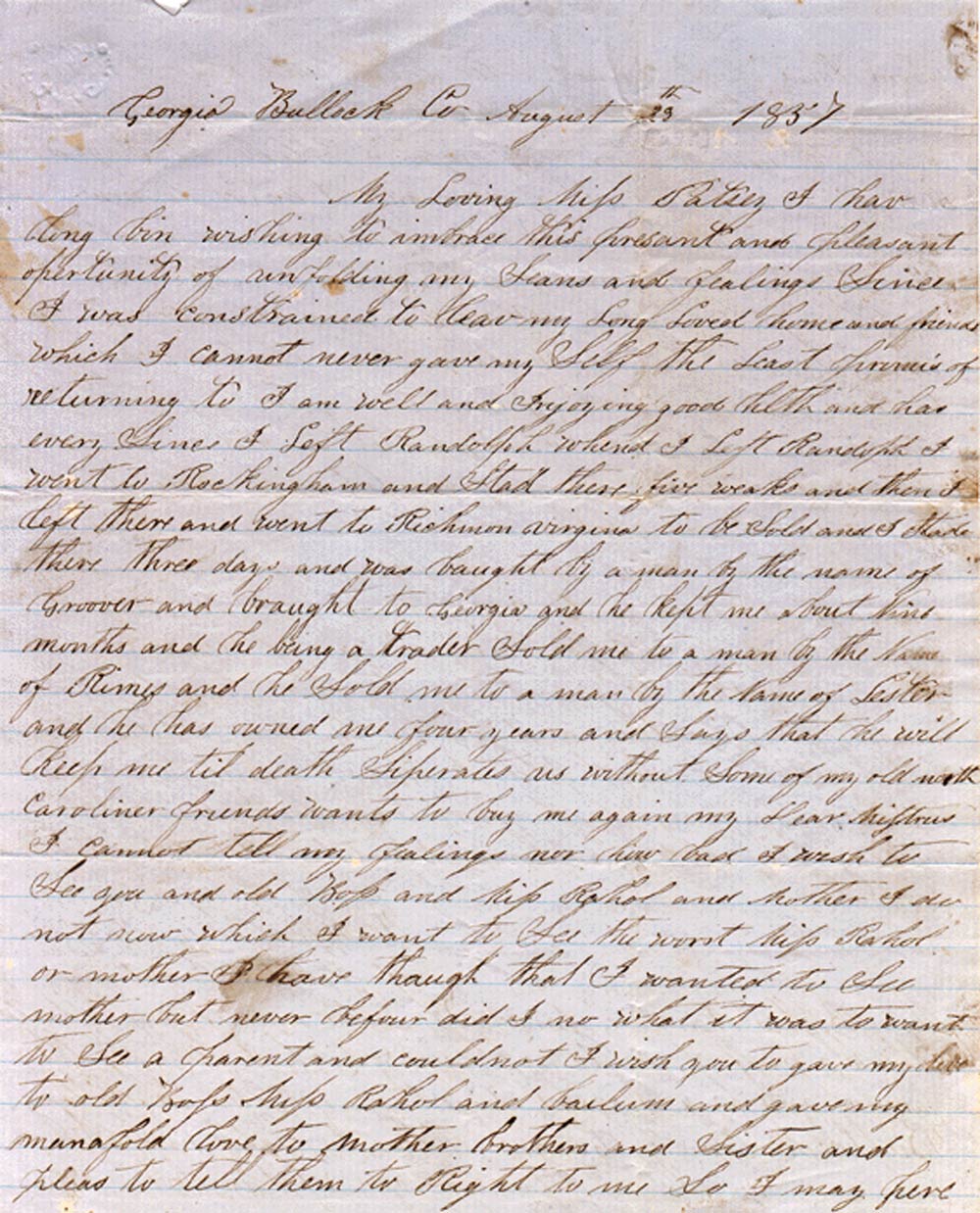 A letter from Vilet Lester to her former enslaver, written in 1857. (David M. Rubenstein Rare Book & Manuscript Library, Duke University)