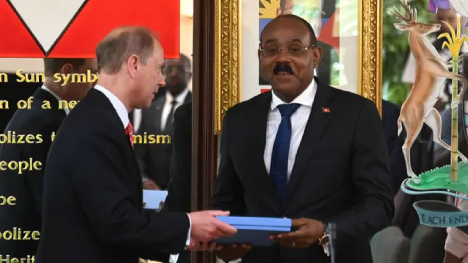Prince Edward meets Gaston Browne, prime minister of Antigua and Barbuda. 