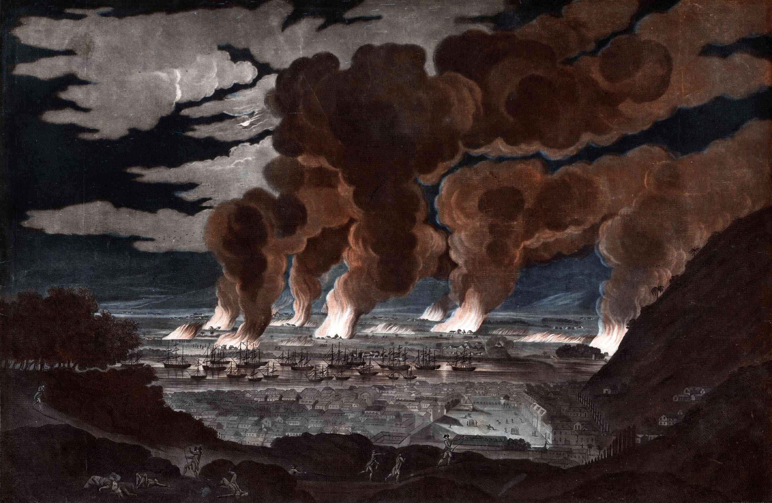 An illustration depicting plantations burning in 1791, during the Haitian Revolution. 
