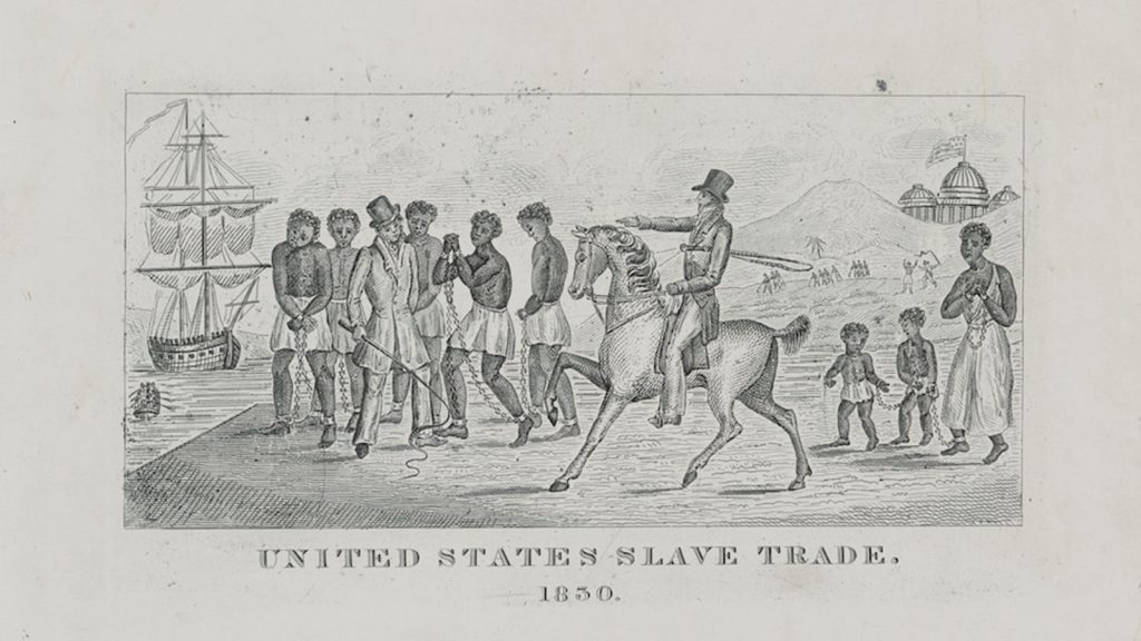This abolitionist illustration depicts slavery in Washington, with the Capitol building in the background.