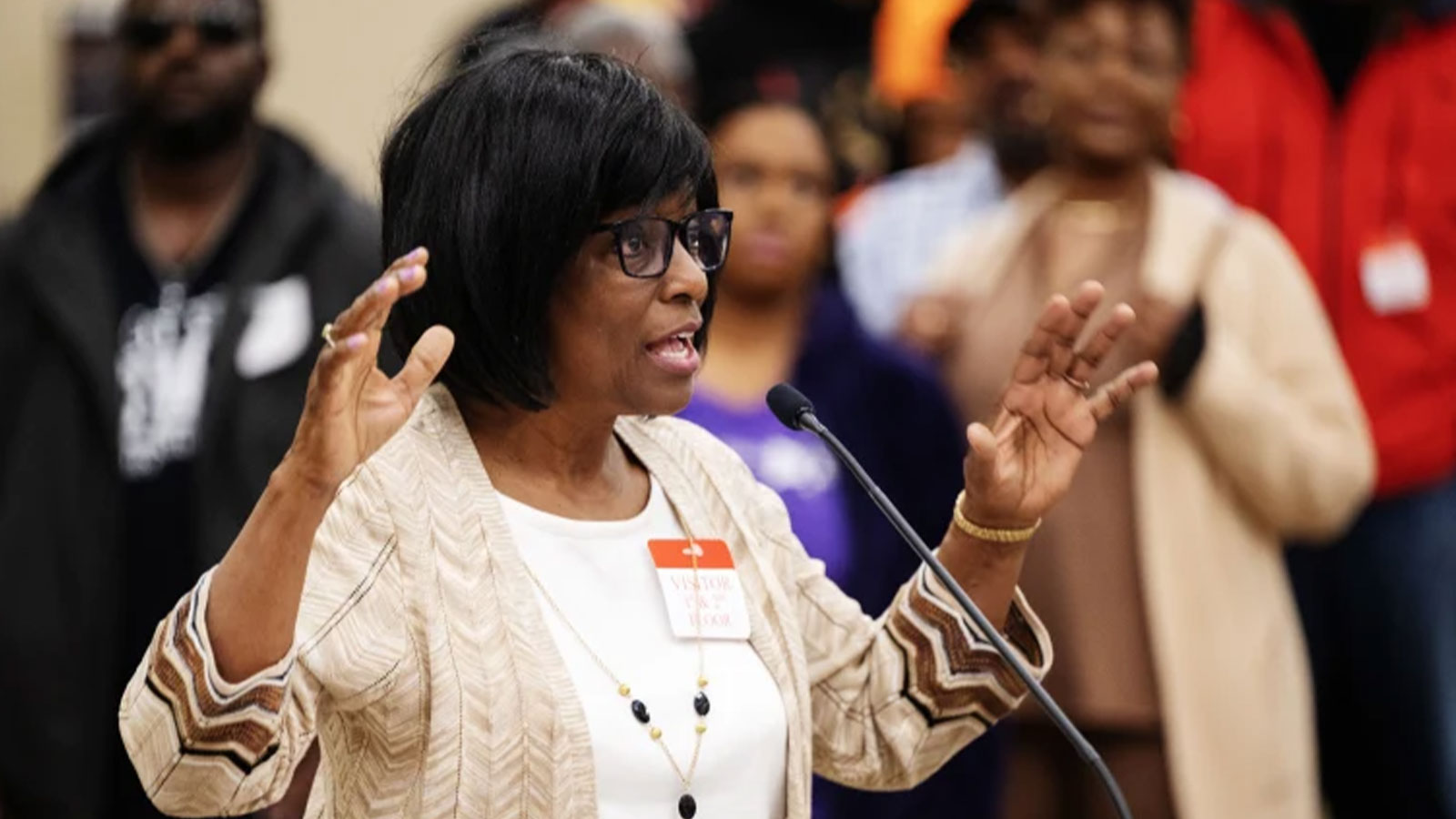Gloria Pierrot-Dyer of Roseville, Calif., speaks during the public comment part of the Reparations Task Force meeting in Sacramento on March 3 2023