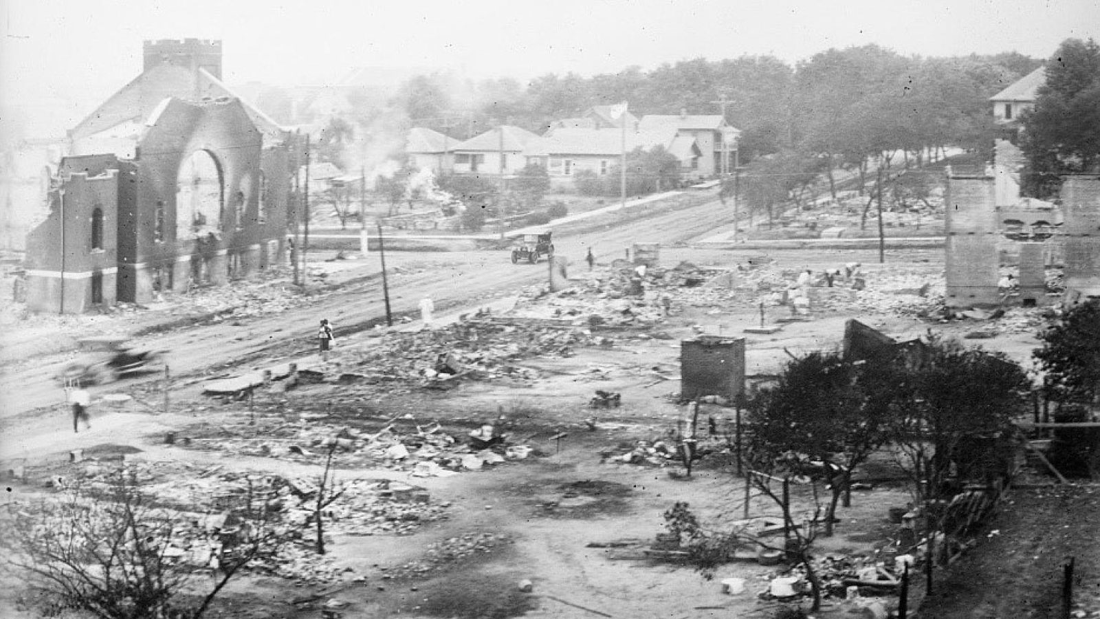 Part of Greenwood district burned during the Tulsa race massacre, Tulsa, Oklahoma, in June 1921.