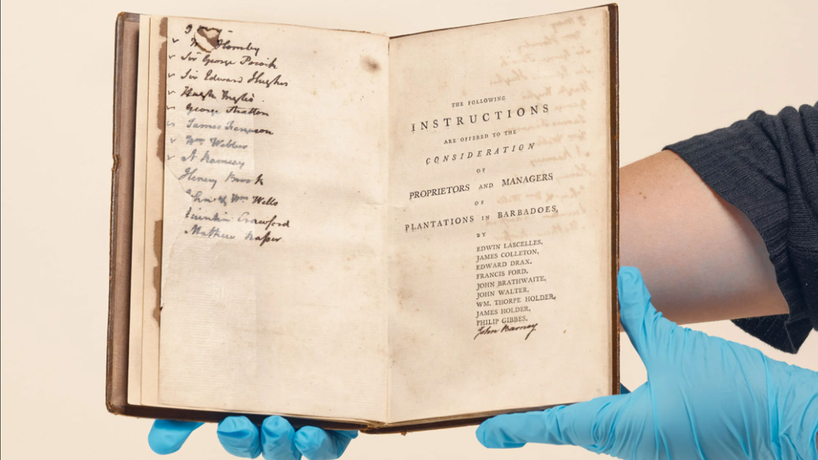 The 18th century book known as “The Instructions,” co-authored by Edward Drax, Edwin Lascelles, and others, at the Barbados Museum & Historical Society. 