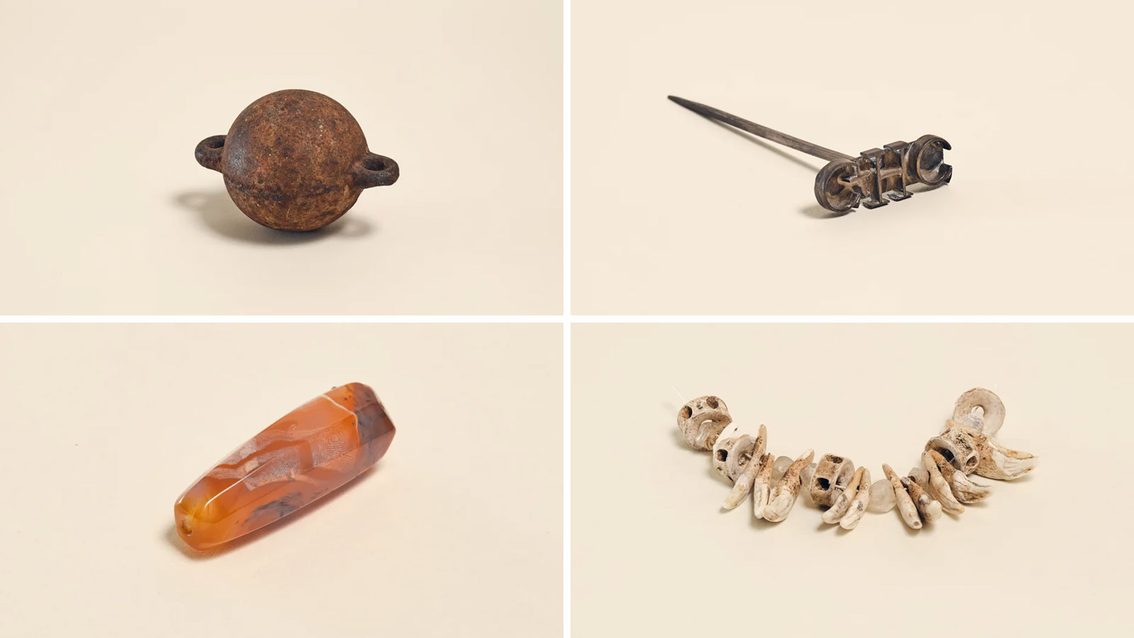 TOP RIGHT: A 24 lb. iron weight used to keep slaves from running away, at the Barbados Museum & Historical Society. TOP LEFT: A brand used to mark slaves in Jamaica, at the Barbados Museum & Historical Society. BOTTOM RIGHT: A precious gem used in jewelry excavated from the Newton Slave Burial Ground at the Barbados Museum & Historical Society. BOTTOM LEFT: A dogtooth necklace excavated from the Newton Slave Burial Ground, at the Barbados Museum & Historical Society.