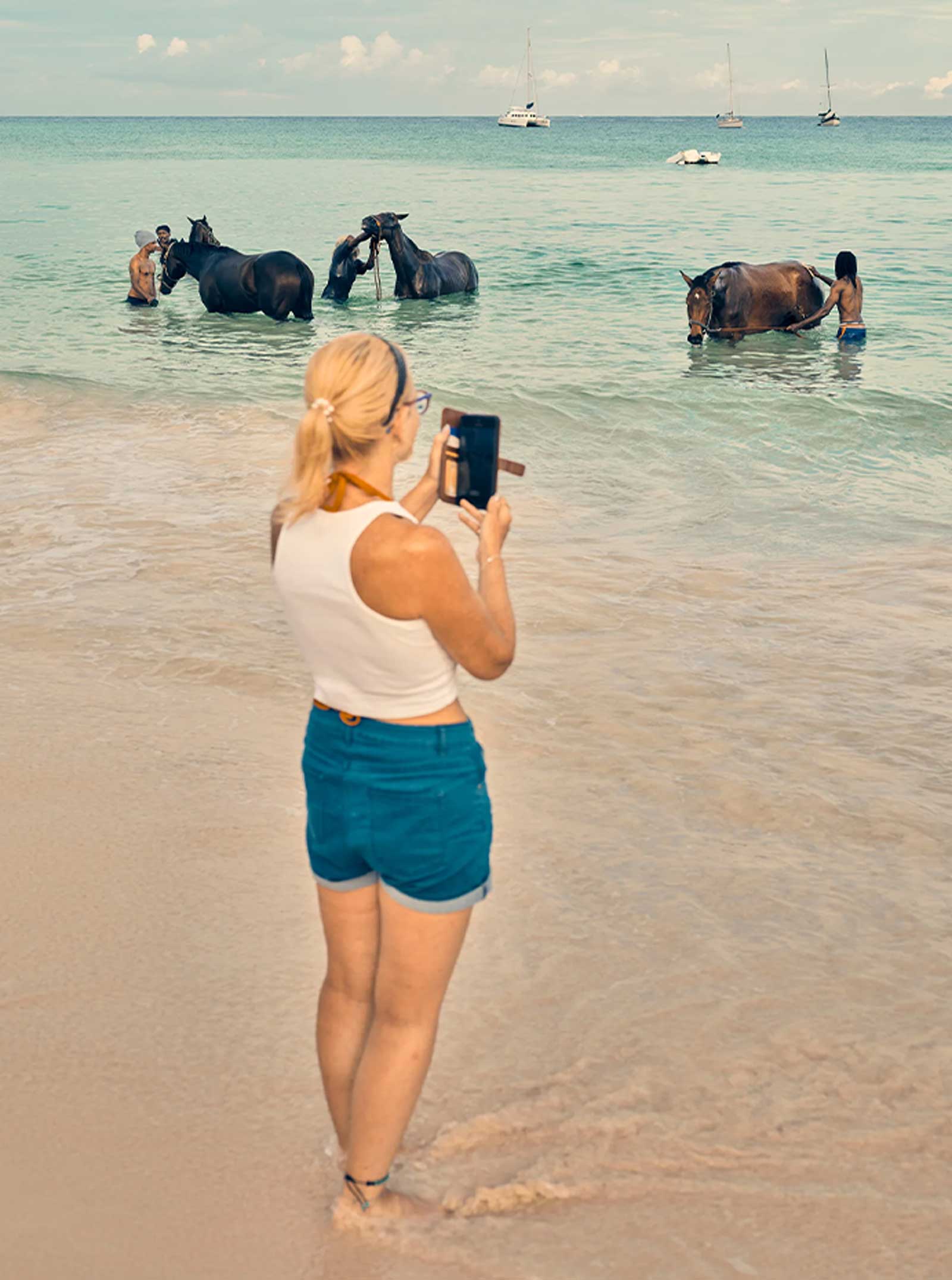 A tourist photographs caretakers bathing racehorses on Pebbles Beach. Horse racing, polo, and cricket are all commonplace in Barbados and a direct inheritance of the British colonial past. 
