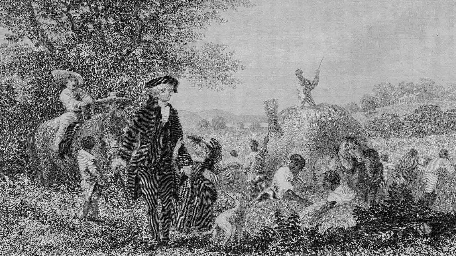 In this 1800 painting, George Washington watches over a group of enslaved Black people working in a field at Mount Vernon. 