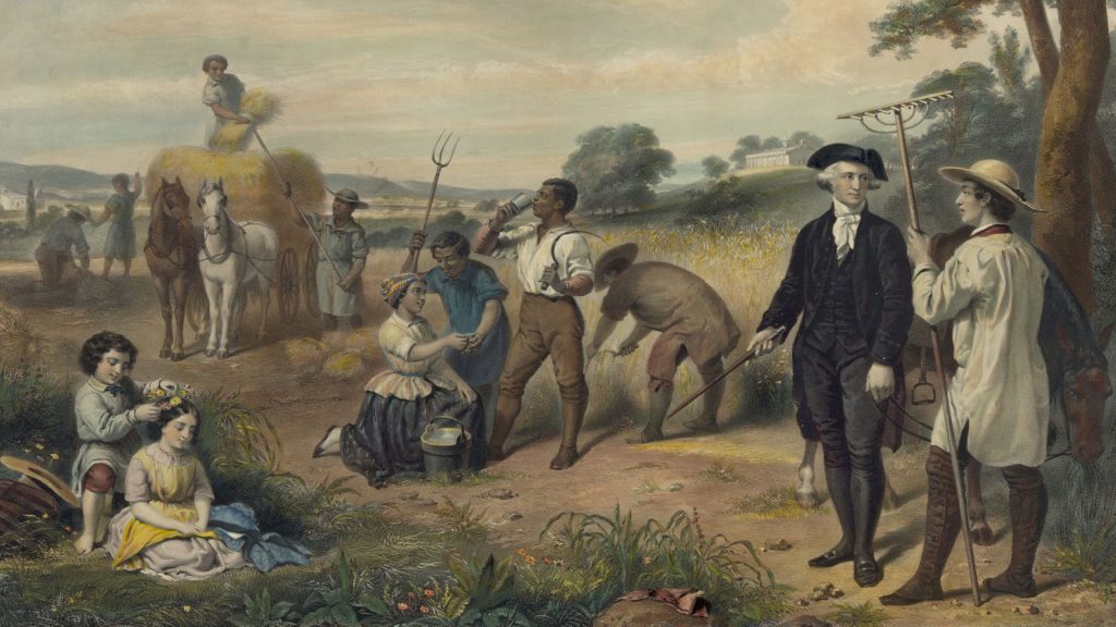 In this 1853 painting, George Washington stands among Black field workers.