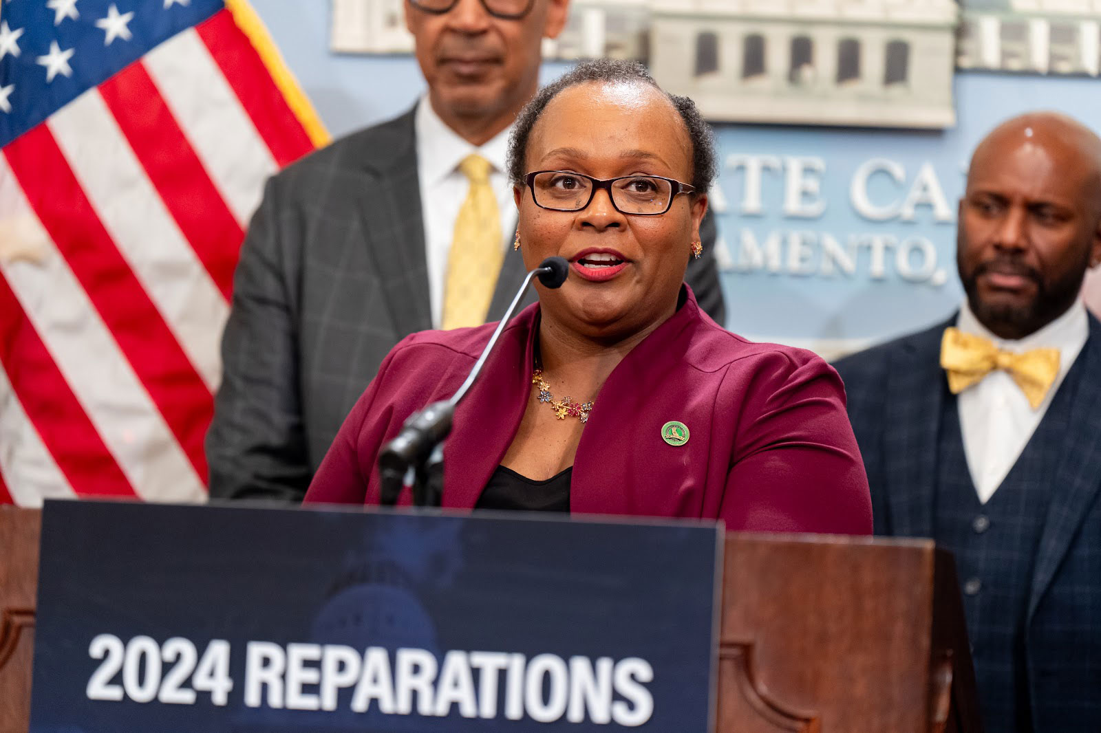 Assemblymember Lori Wilson, chair of the California Legislative Black Caucus, announces the 2024 reparations package of bills Feb. 20 at the Capitol. 