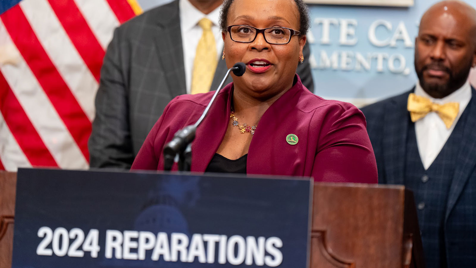Assemblymember Lori Wilson, chair of the California Legislative Black Caucus, announces the 2024 reparations package of bills Feb. 20 at the Capitol.