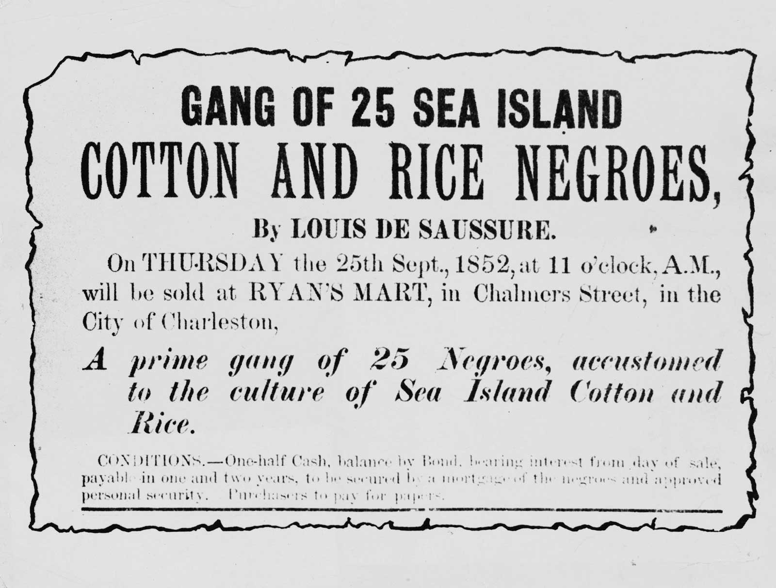 An advertisement details the auction sale of 25 enslaved Black people at Ryan’s Mart in Charleston, S.C., on Sept. 25, 1852.