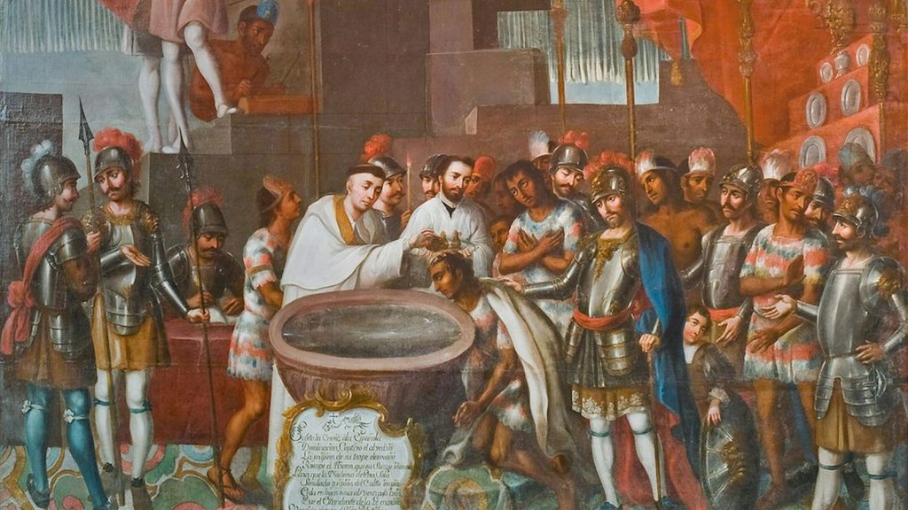 Part of ‘The Baptism of Ixtlilxóchitl of Texcoco,’ painted by José Vivar y Valderrama in the 18th century. Museo Nacional de Historia via Wikimedia Commons