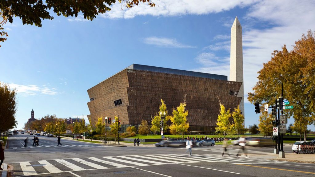 Exterior view of the Smithsonian’s National Museum of African American History and Culture in Washington, D.C., from Constitution Avenue.