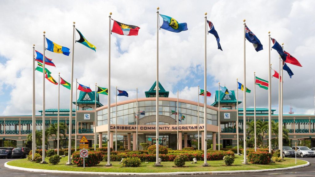 Flags outside the CARICOM Secretariat Headquarters in Georgetown, Guyana.